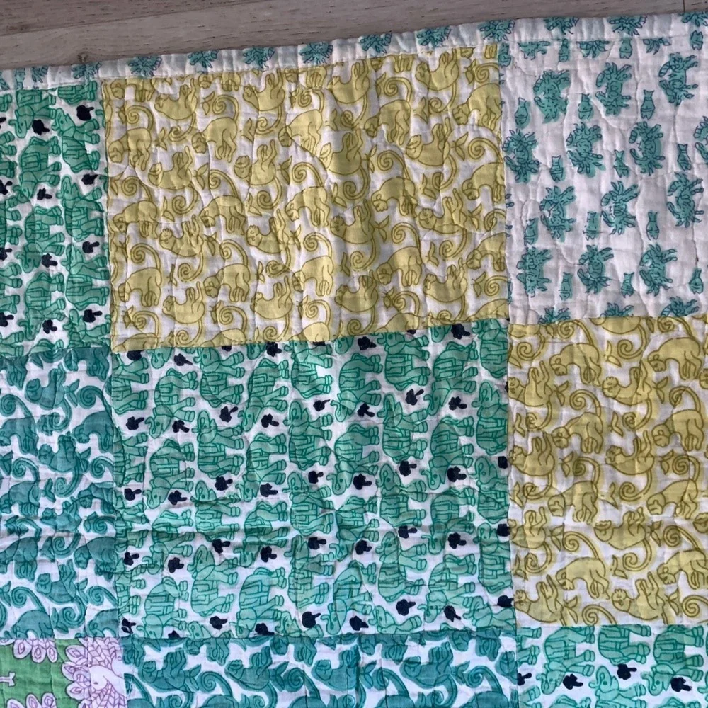 Quilted Patchwork Throw Blanket Multi Green 100% Cotton Block Print Animal‎